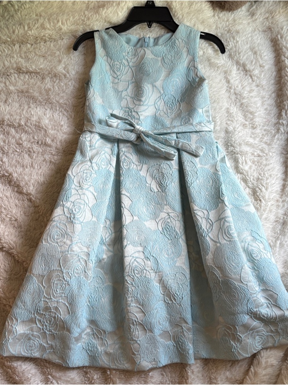 Light Blue Floral Jacquard Belted Girls' Party Dress